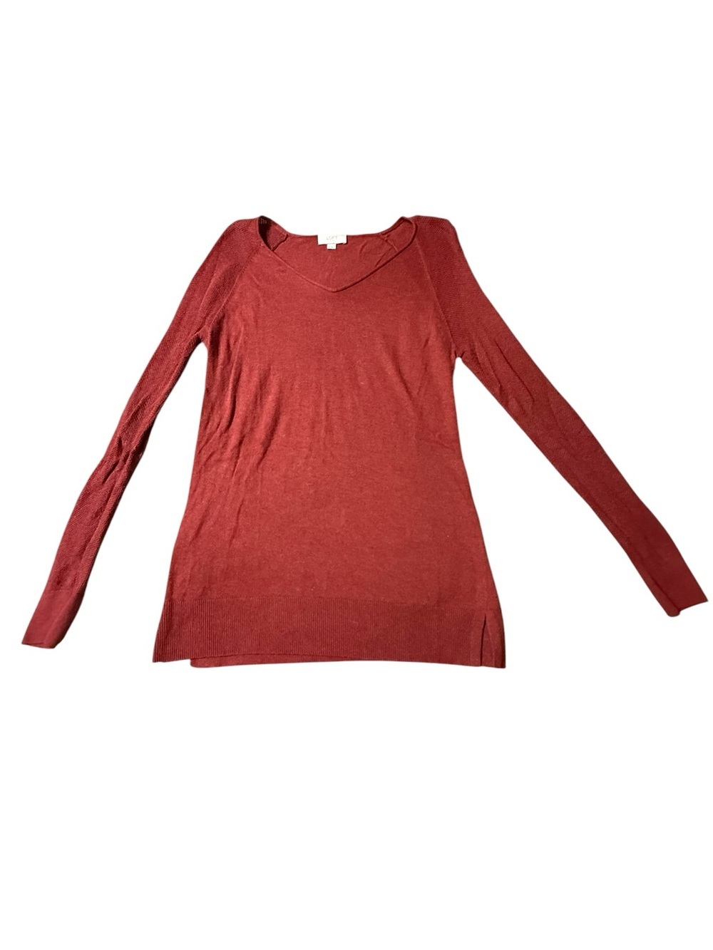 LOFT Red V-Neck Long Sleeve Sweater Medium Knit Pullover Burnt Orange Rust M
